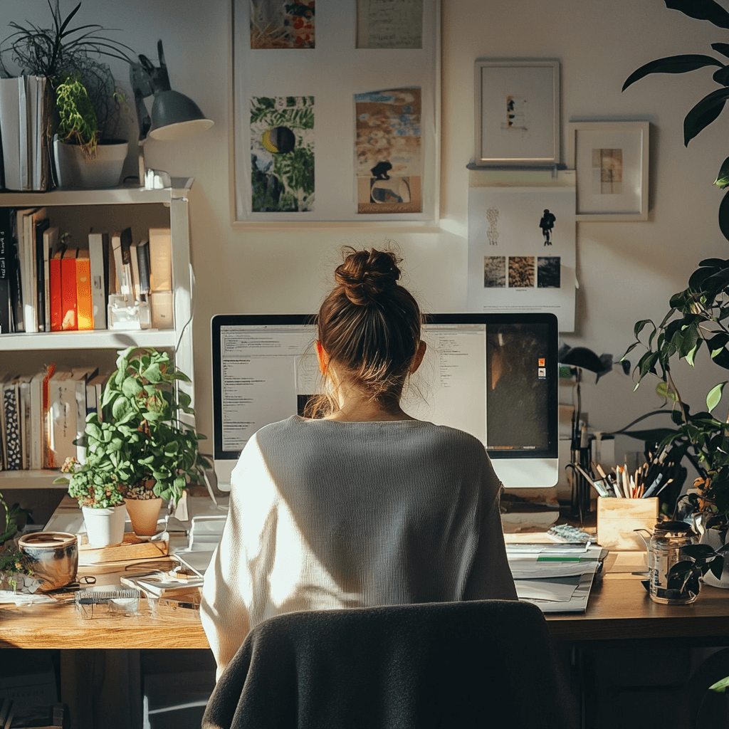 a woman with her back to the camera, sitting at her computer working